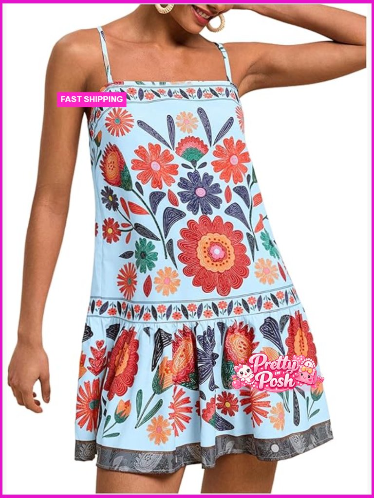 Sleeveless Floral Cami Dress With Flounce Hem Summer Short Dress